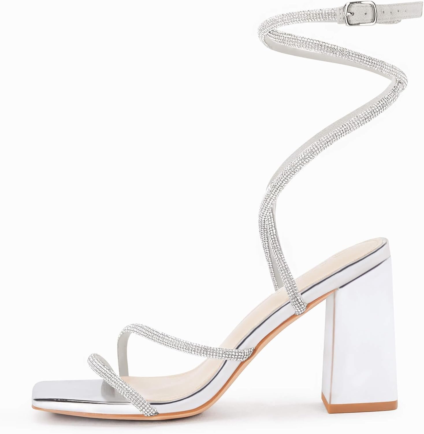 Women's Lace-Up Chunky Heel Rhinestone Sandals, Square Toe Open-Toe High Heels, Chunky Heels for Weddings - Image 2