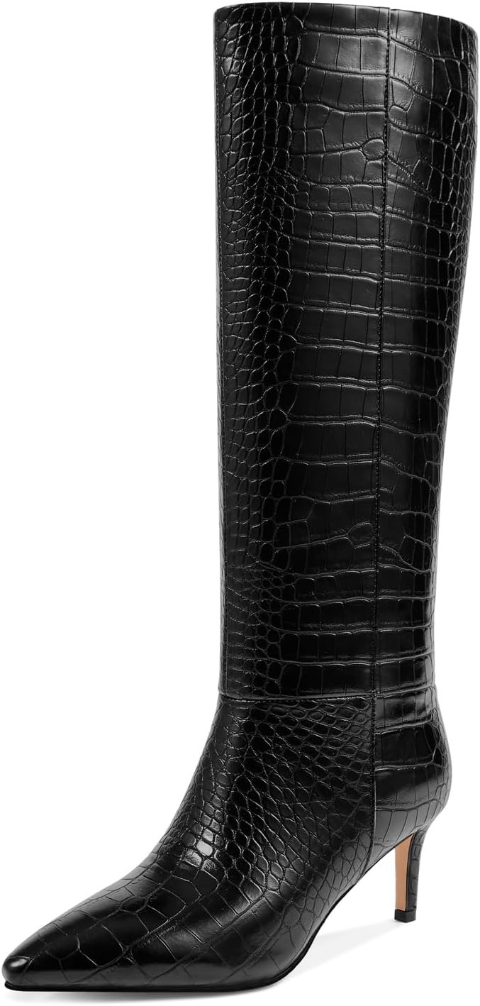 Knee High Boots for Women - Pointed Toe Kitten Heel & Crocodile, Side Full Zipper for Easy Wear, All-Day Comfort Boots for Work, Party and Daily Chic Style