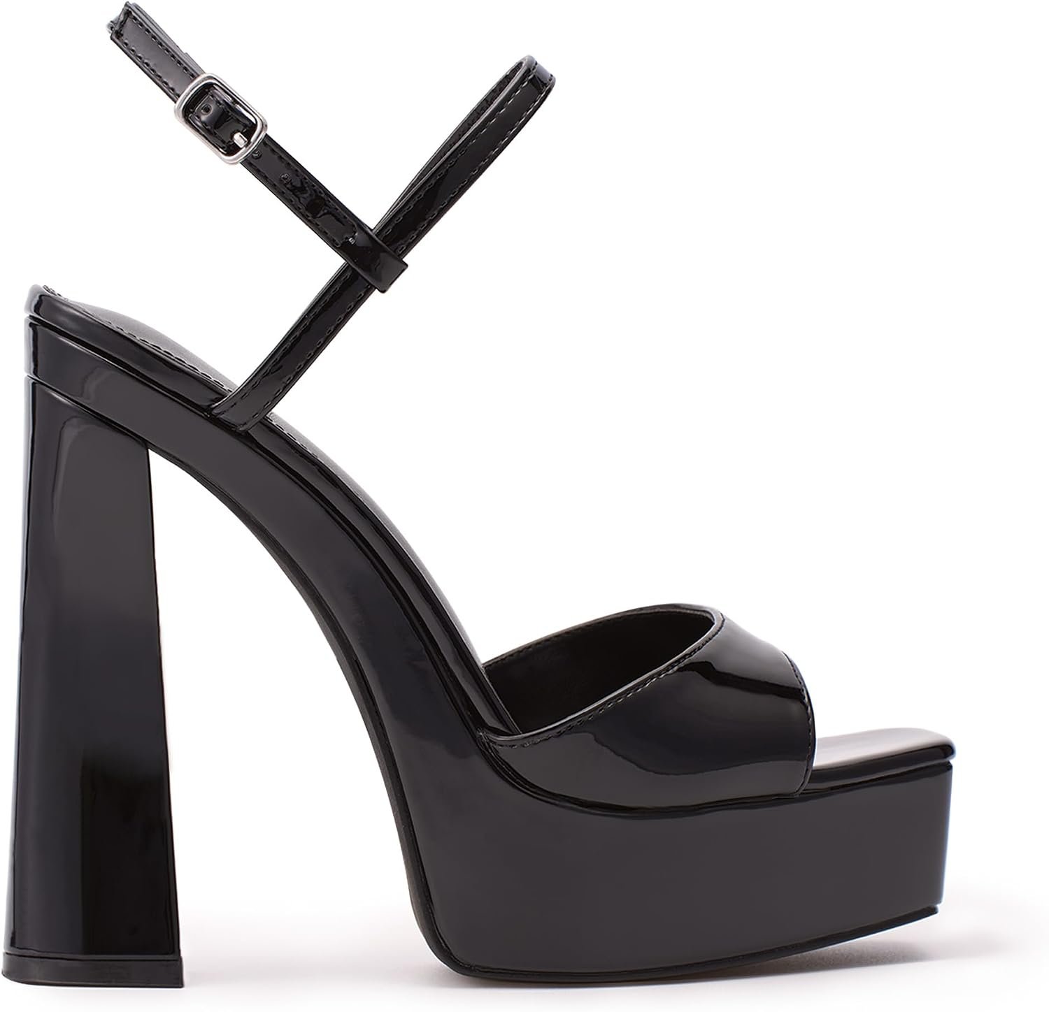 Black/burgundy platform chunky heel sandals, open-toe round toe 4-inch high heel sandals with ankle buckle - Image 2