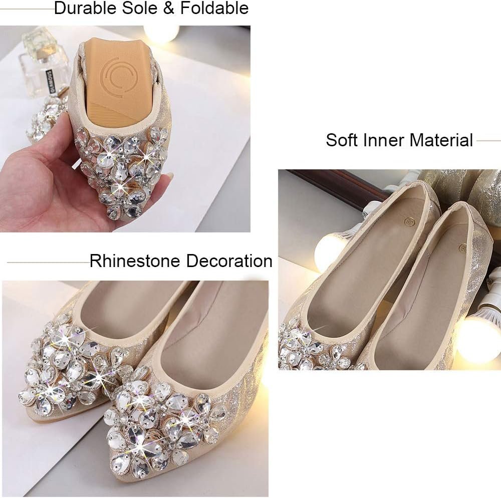 Women Foldable Ballet Flats, Pointed Toe Wedding Rhinestone Slip on Flat Shoes - Image 2