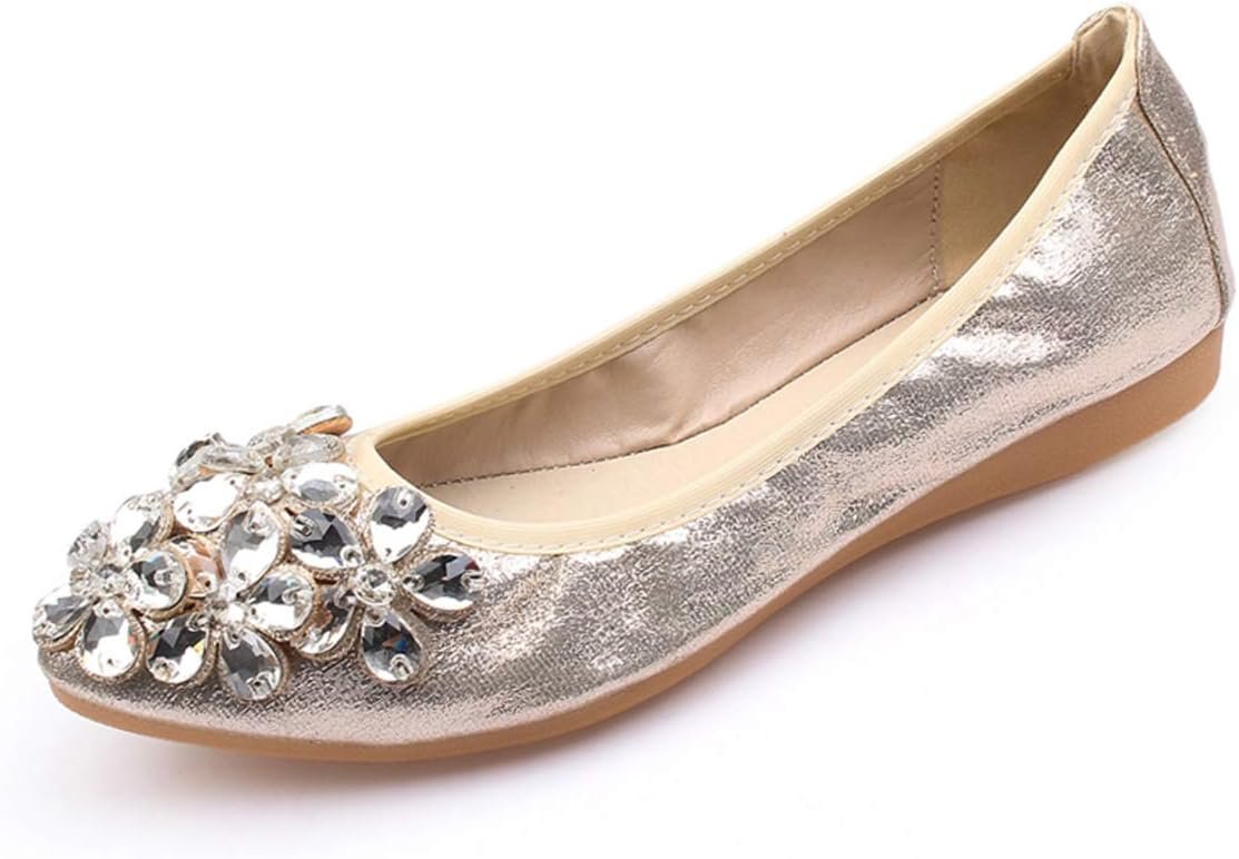 Women Foldable Ballet Flats, Pointed Toe Wedding Rhinestone Slip on Flat Shoes