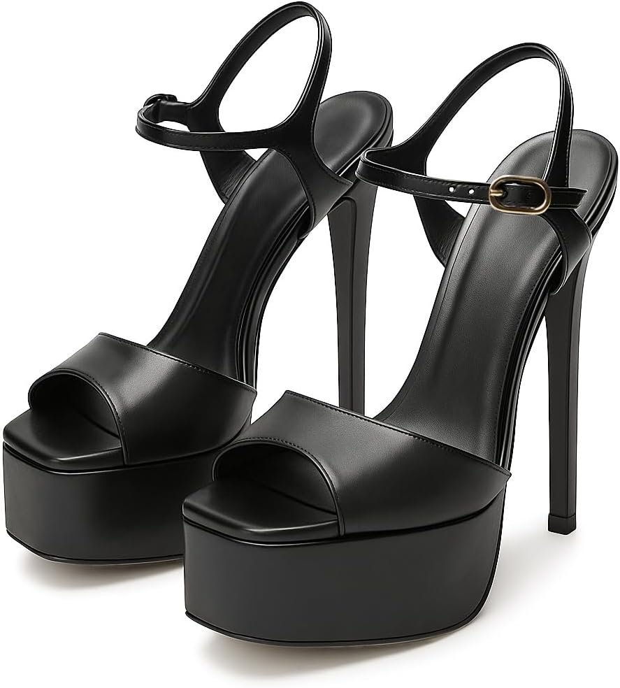 Women's Stiletto Heeled Platform Sandals, Square Toe Open-Toe Ankle Strap High Heel Sandals, Prom Dress Shoes