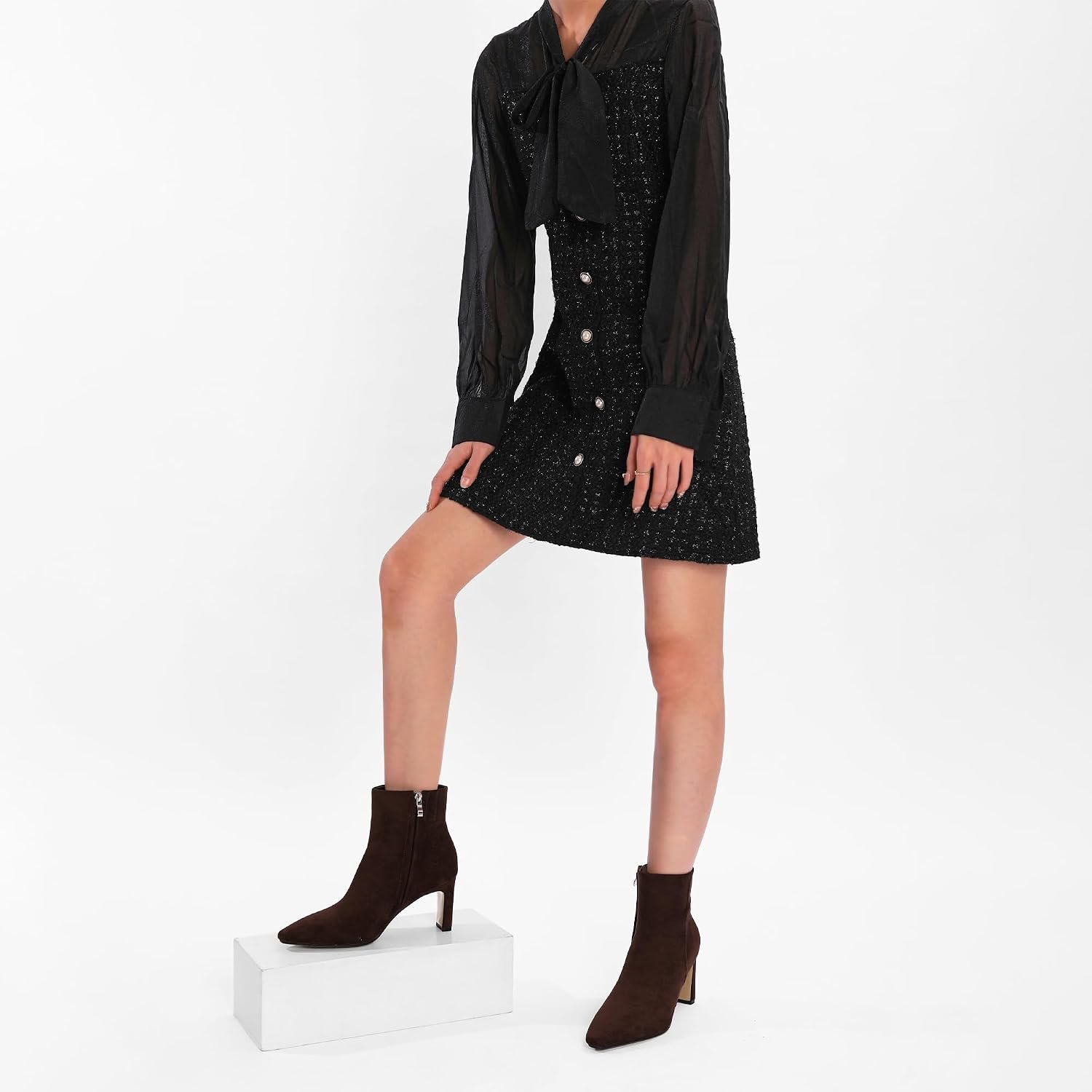 Brown Suede Ankle Boots for Women Pointed Toe Chunky High Heeled Booties Fall Dressy Short Boots with Zipper - Image 2