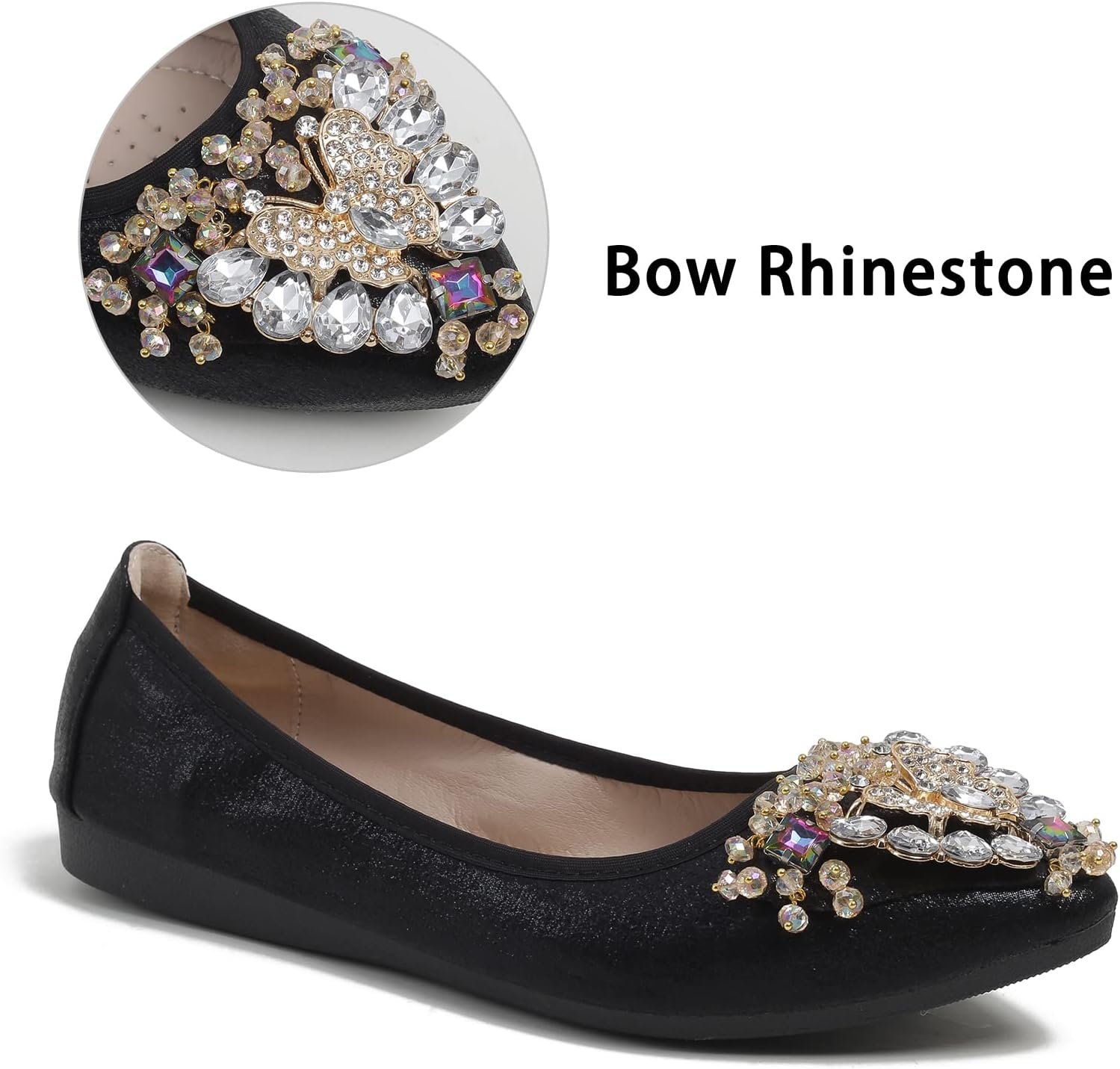 Women's Ballet Flat Shoes - Cute Rhinestones Bow Wedding Flats Slip on Flats for Women Comfort - Image 2