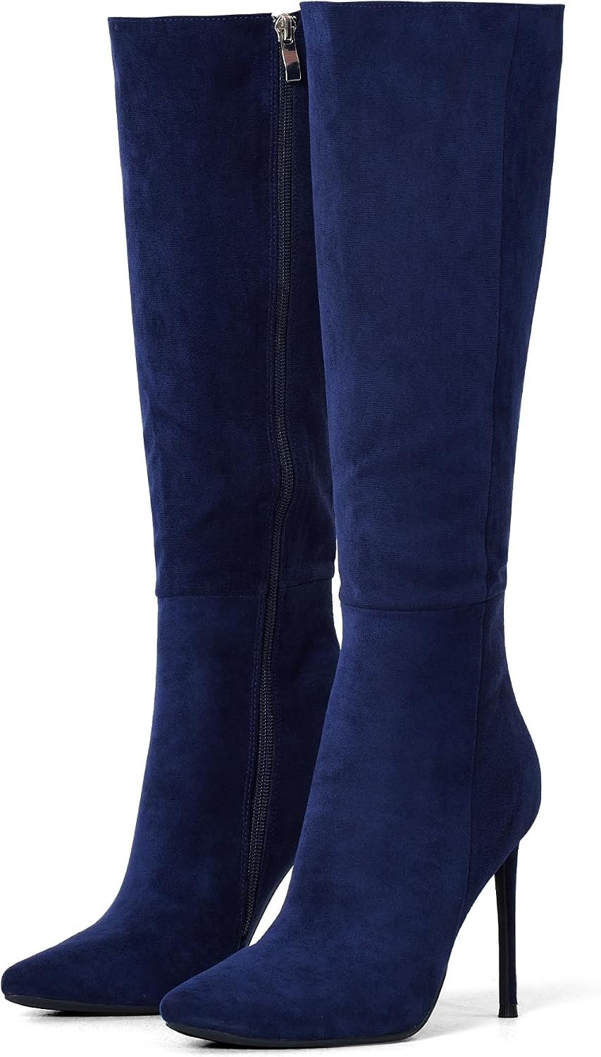 4 inch Women's Knee High Long Boots, Stiletto Tall Pointed Toe Heeled Boot Leather Suede Comfortable Sexy