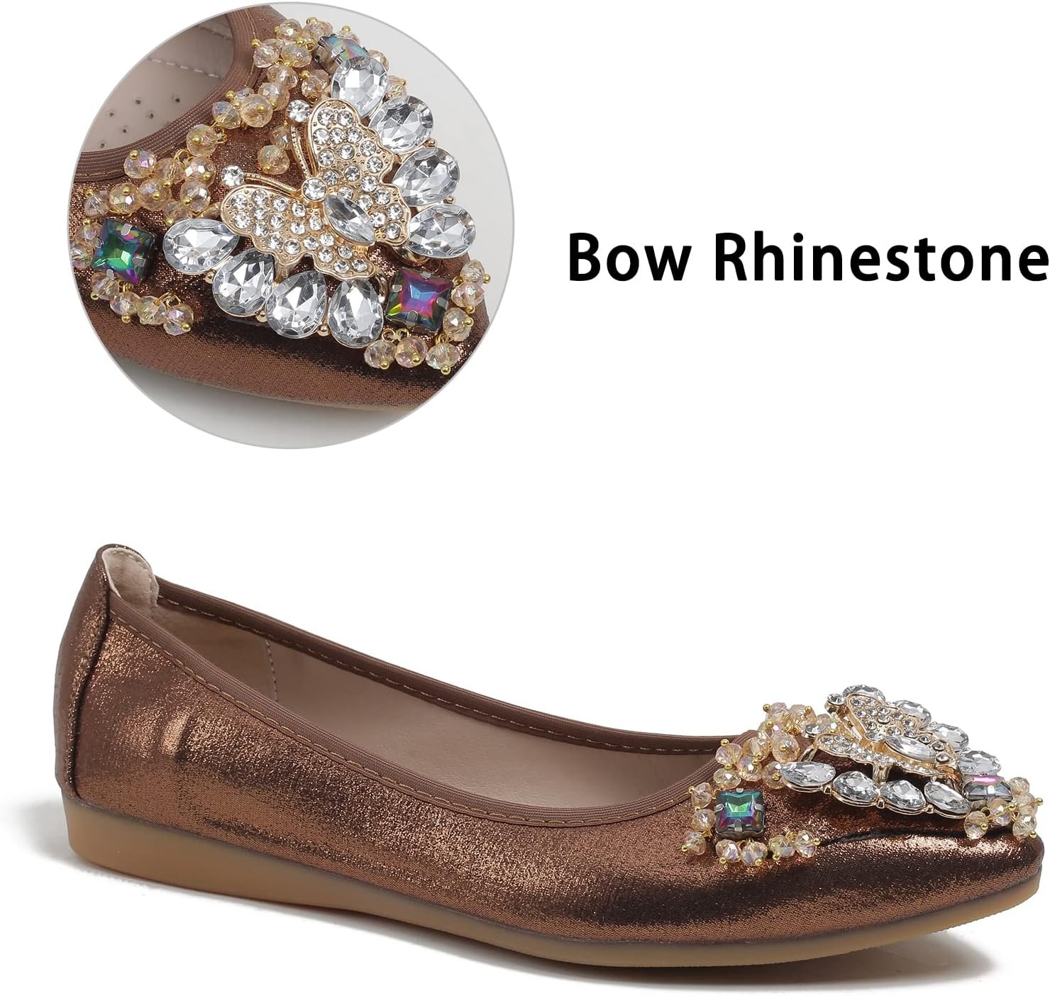 Women's Ballet Flat Shoes - Cute Rhinestones Bow Wedding Flats Slip on Flats for Women Comfort - Image 2