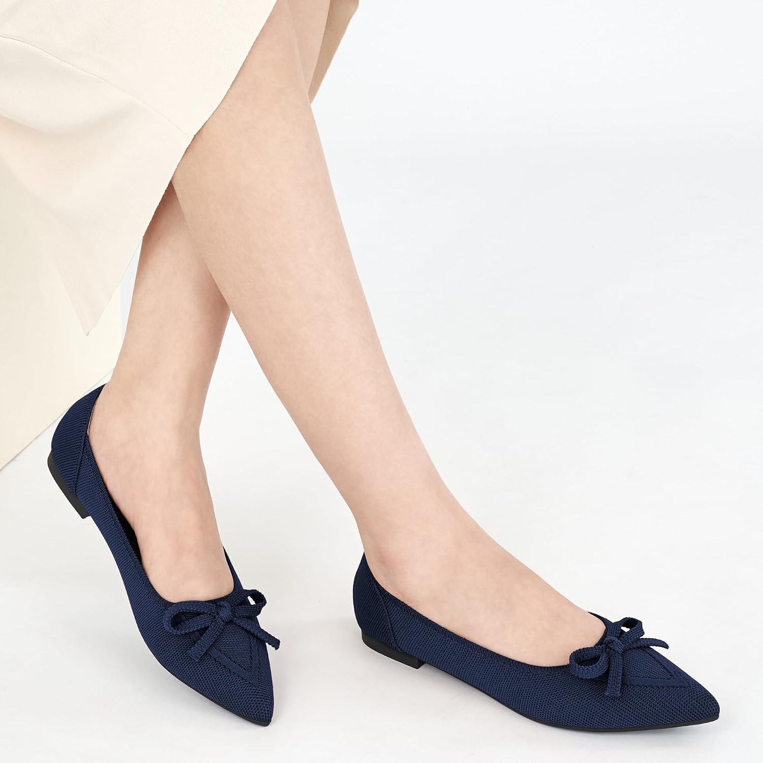 Ballet Flats Shoes for Women: Dressy Pointed Toe Bow Knit Flats Comfortable Slip On Work Business Shoes for Driving Dating Wedding - Image 2
