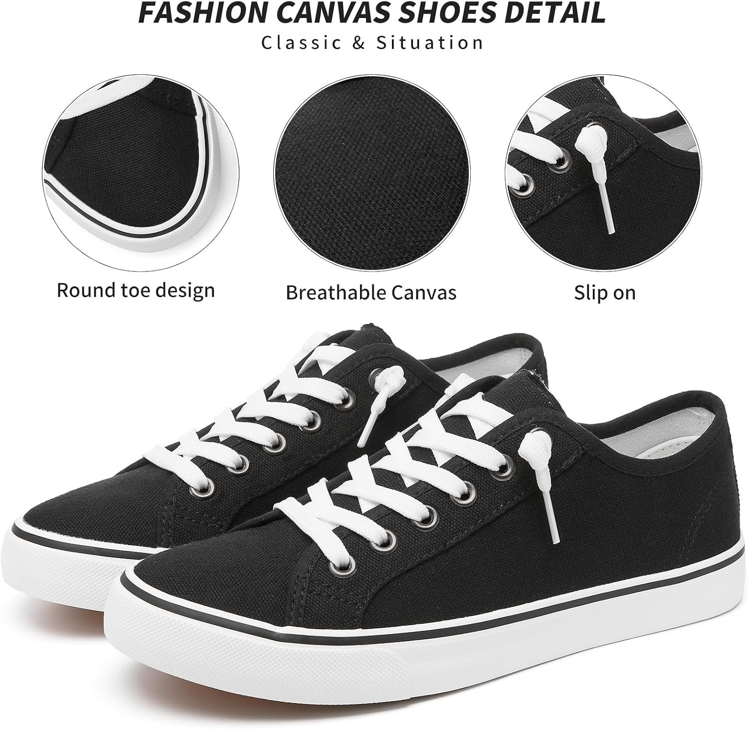 Women Canvas Sneaker Slip On Non Slip Casual Shoes Lace Up Canvas Low Top White Shoes Loafers for Women Fashion Black Sneaker - Image 2