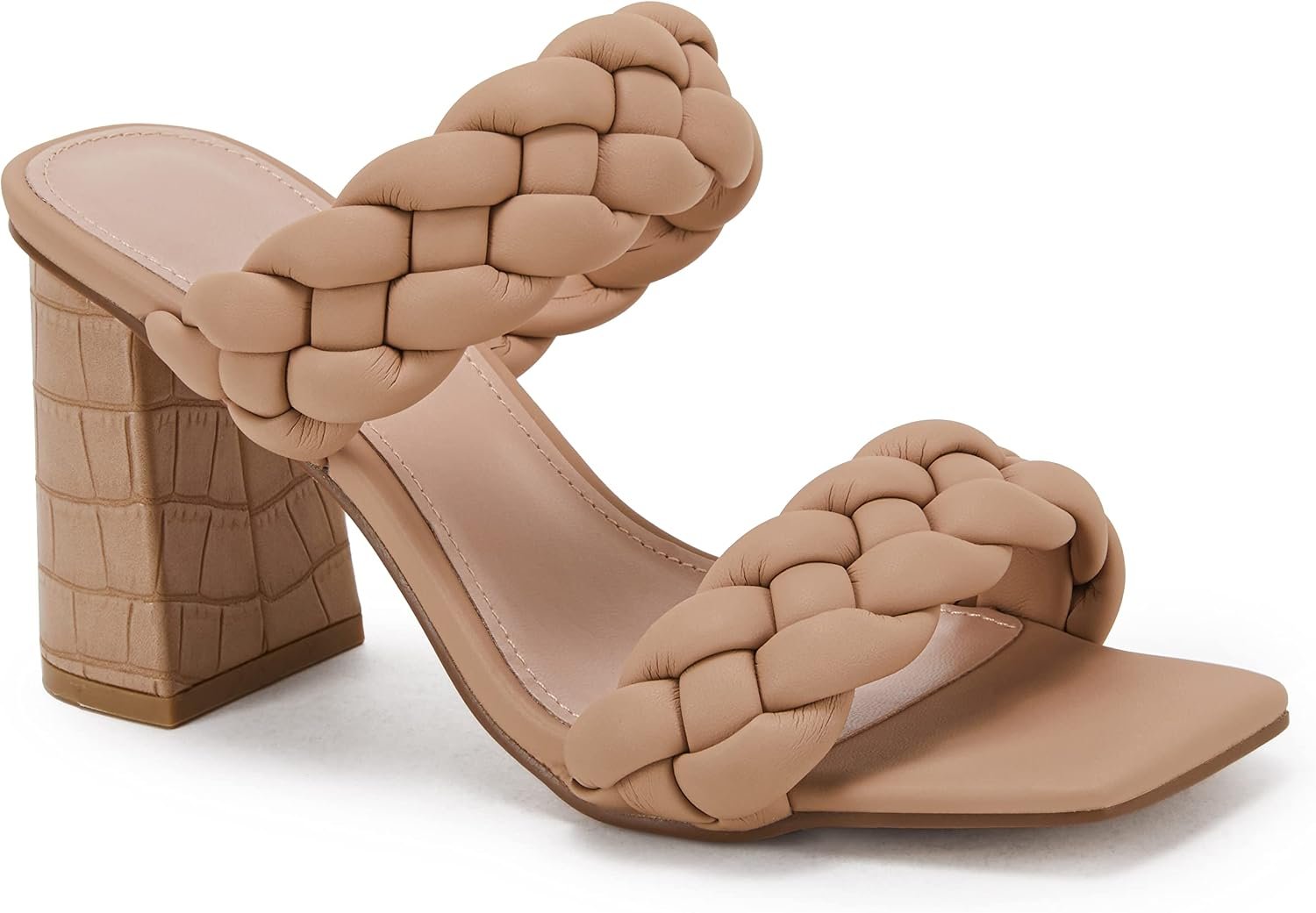 Women's woven high-heeled sandals, chunky heel double strap summer dress sandals
