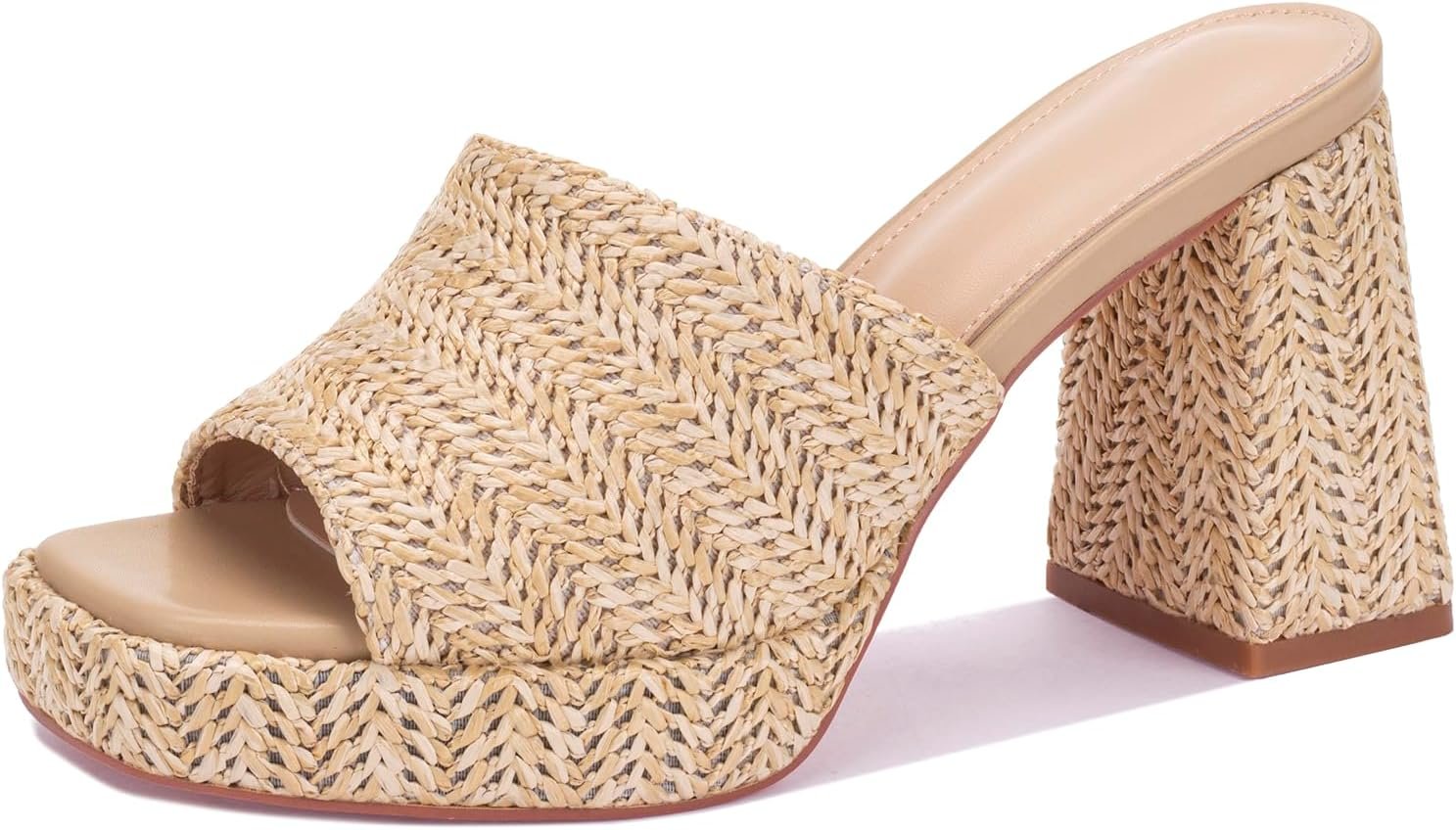 Women's raffia high-heeled sandals, platform wedge heel, slip-on chunky heel, elegant summer open-toe chunky heel resort beach mules - Image 2