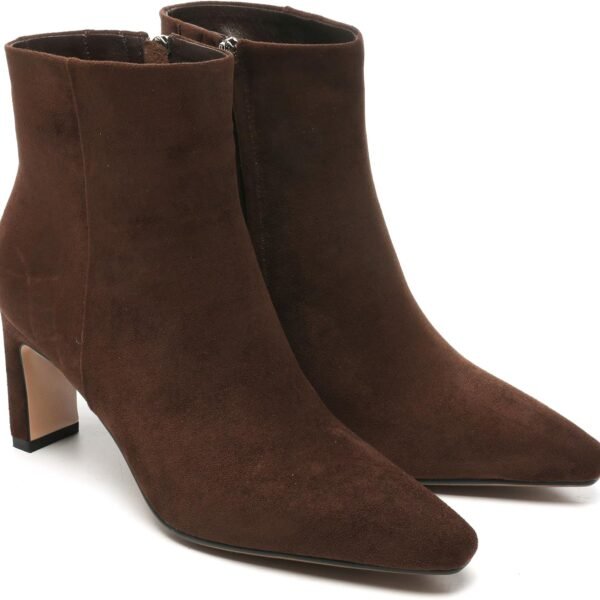 Brown Suede Ankle Boots for Women Pointed Toe Chunky High Heeled Booties Fall Dressy Short Boots with Zipper