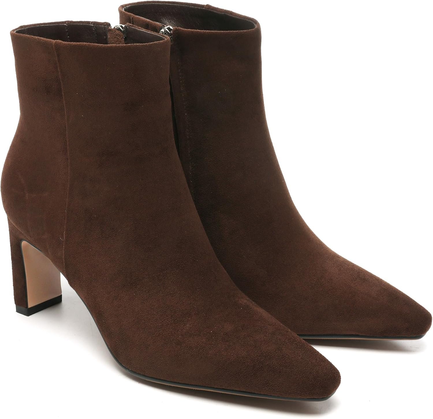 Brown Suede Ankle Boots for Women Pointed Toe Chunky High Heeled Booties Fall Dressy Short Boots with Zipper