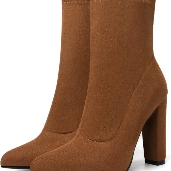 Women's Sock Boots Chunky Heel Ankle Booties Elastic Suede Pointed Toe Fall Winter High Heeled Mid Calf Boots