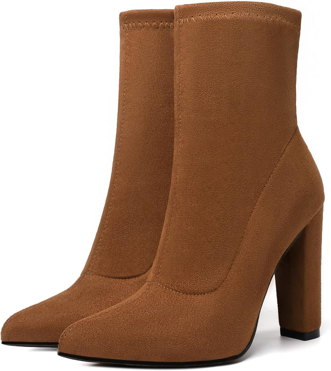 Women's Sock Boots Chunky Heel Ankle Booties Elastic Suede Pointed Toe Fall Winter High Heeled Mid Calf Boots